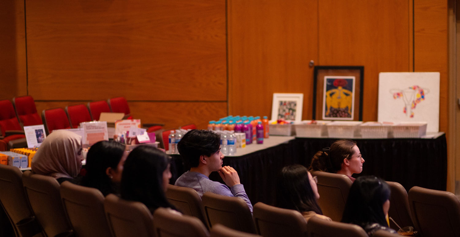Audience in a theatre with menstrual art in the background. Art from Amsa Yaro & Lyla Freechild