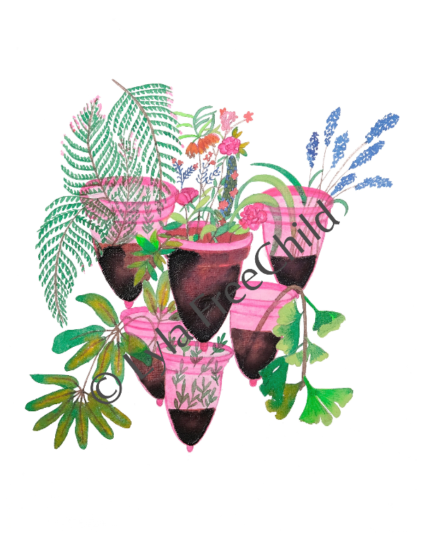 Reflowering . A painting by Lyla FreeChild, features 6 moon cups with blood in them and plants flowering out of them, with a watermark. 